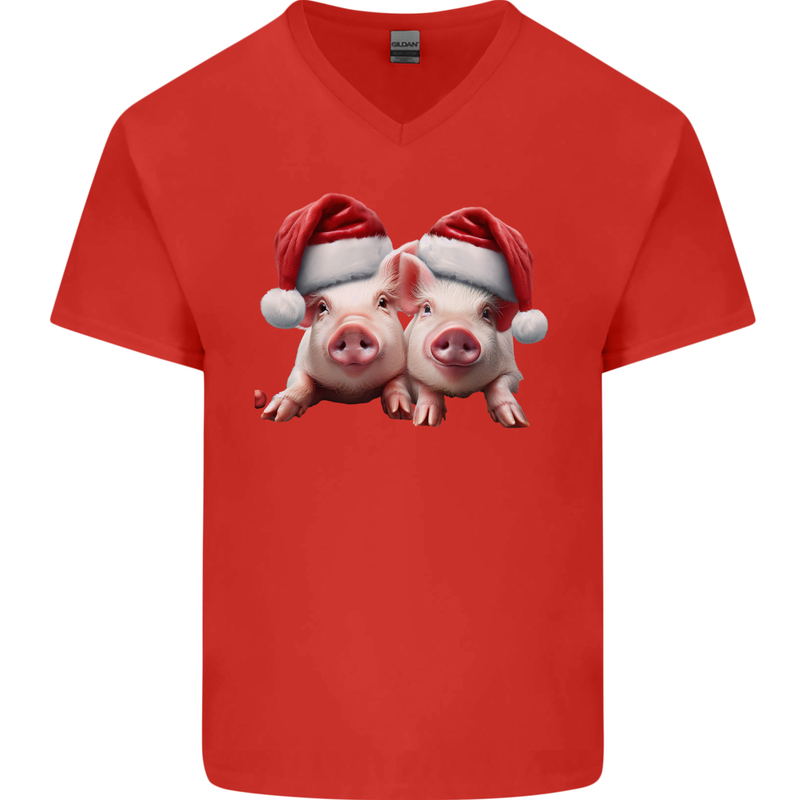 Christmas Piglets Wearing Xmas Hats Pig Mens V-Neck Cotton T-Shirt Red