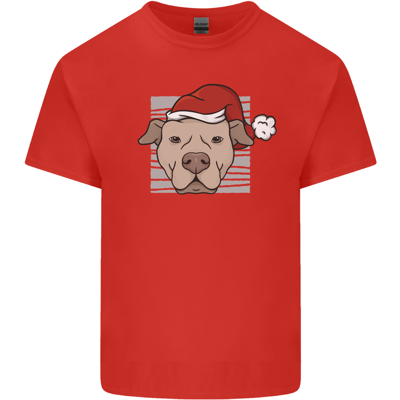 Christmas Pitbull Dog Wearing Xmas Hat Mens Cotton T-Shirt Tee Top Red