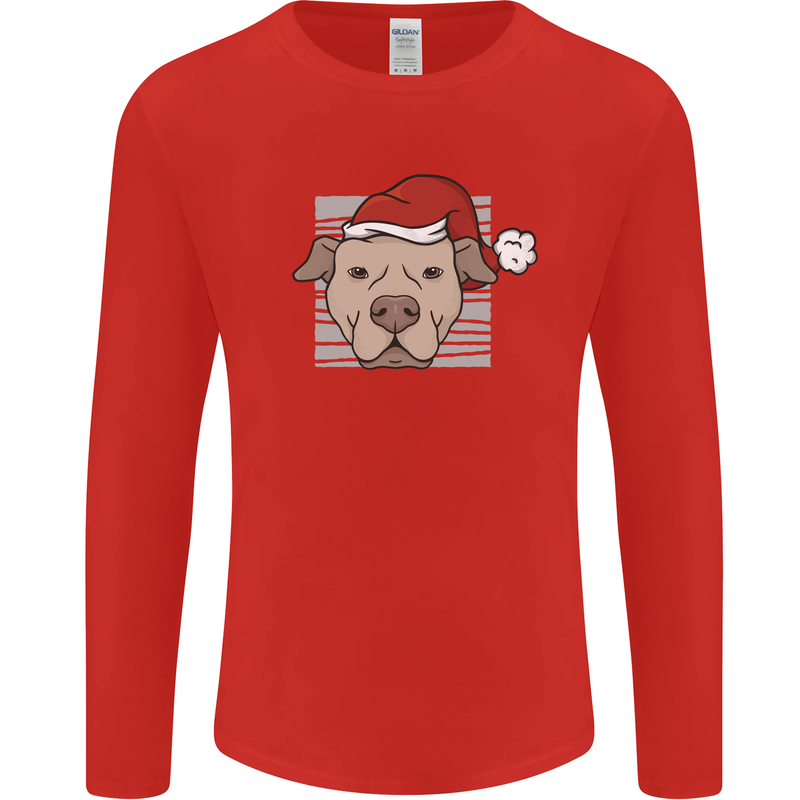 Christmas Pitbull Dog Wearing Xmas Hat Mens Long Sleeve T-Shirt Red
