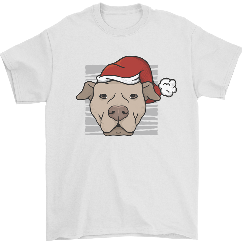 Christmas Pitbull Dog Wearing Xmas Hat Mens T-Shirt 100% Cotton White