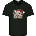 Christmas Pitbull Dog Wearing Xmas Hat Mens V-Neck Cotton T-Shirt Black