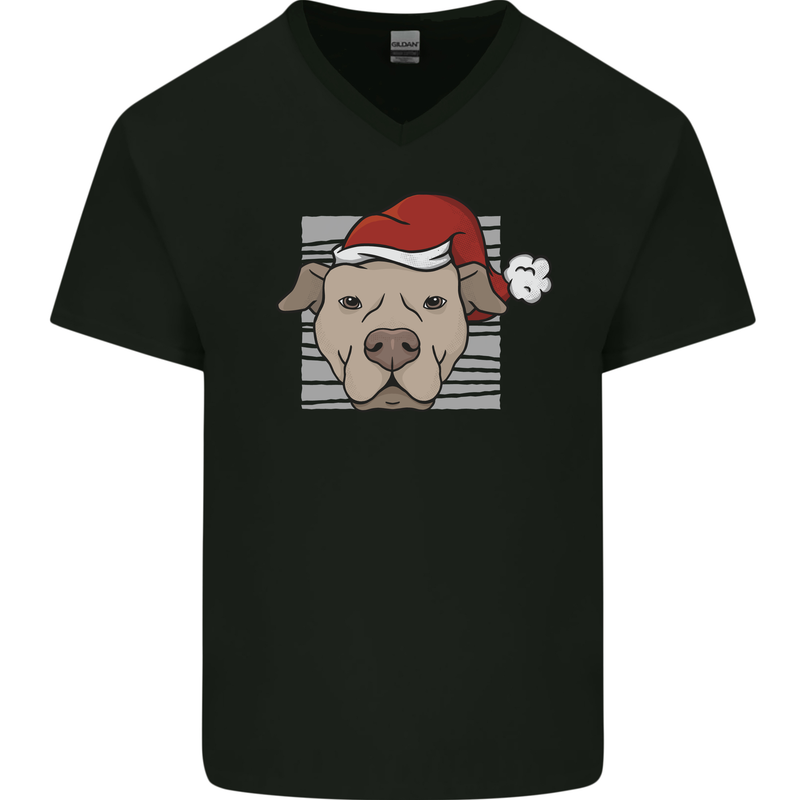 Christmas Pitbull Dog Wearing Xmas Hat Mens V-Neck Cotton T-Shirt Black