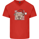 Christmas Pitbull Dog Wearing Xmas Hat Mens V-Neck Cotton T-Shirt Red