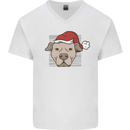 Christmas Pitbull Dog Wearing Xmas Hat Mens V-Neck Cotton T-Shirt White