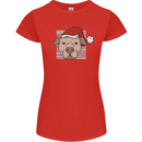 Christmas Pitbull Dog Wearing Xmas Hat Womens Petite Cut T-Shirt Red