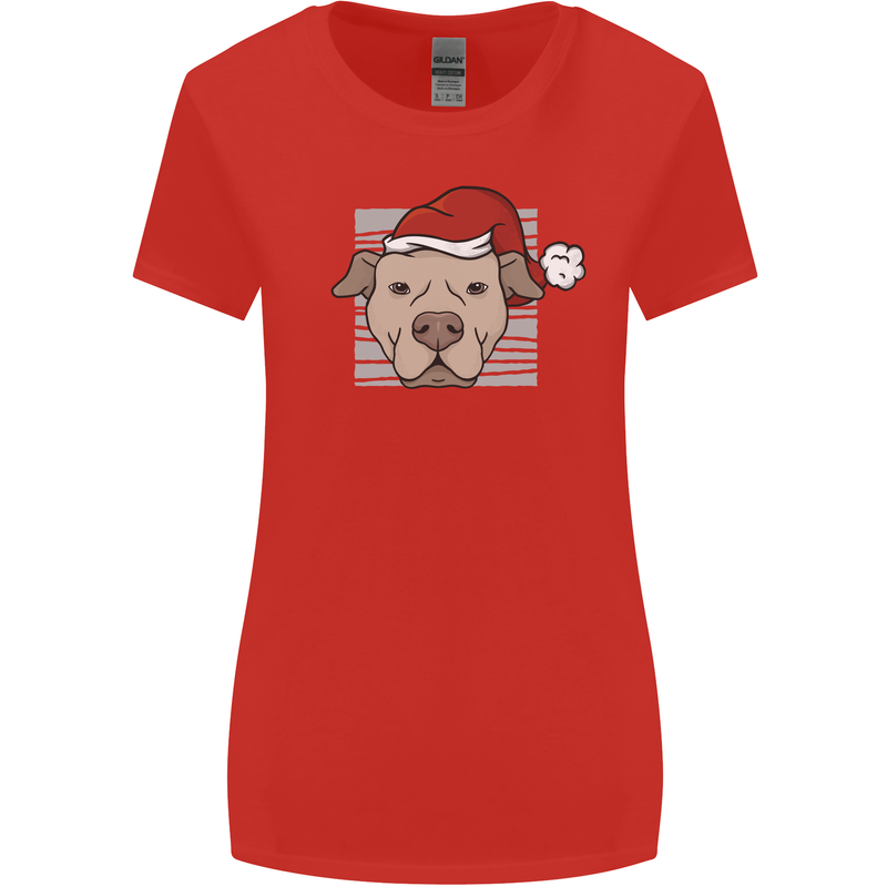 Christmas Pitbull Dog Wearing Xmas Hat Womens Wider Cut T-Shirt Red