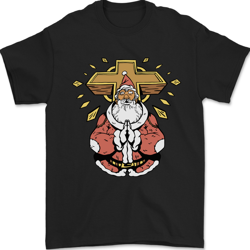 Christmas Praying Santa Christian Christianity God Mens T-Shirt 100% Cotton Black