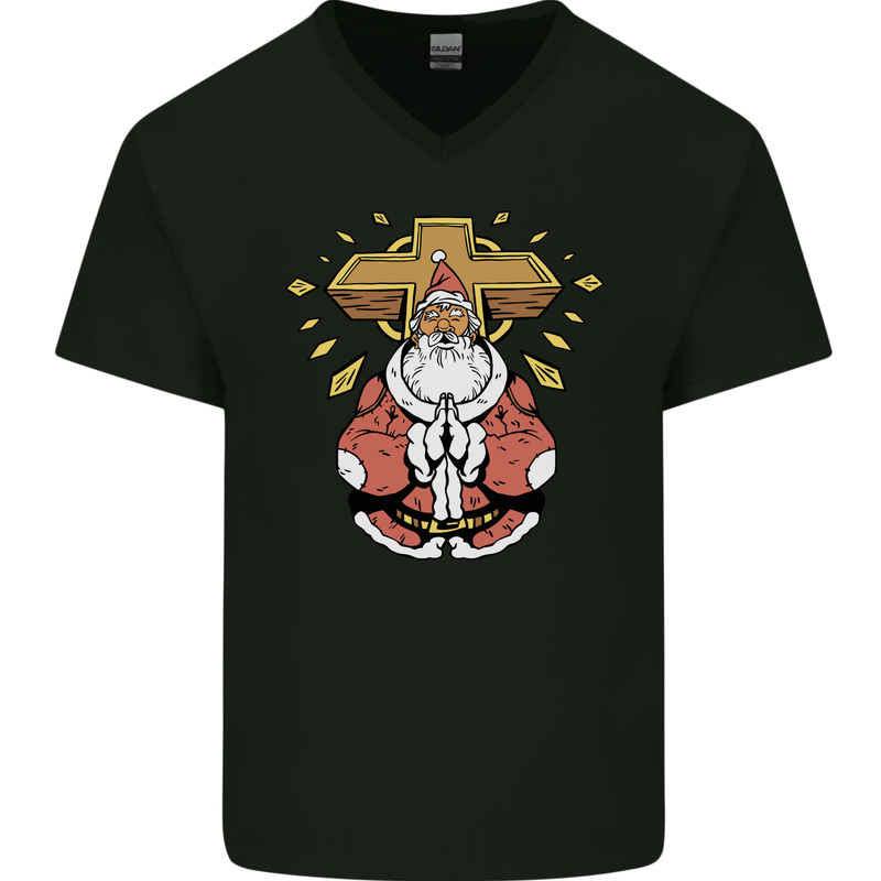 Christmas Praying Santa Christian Christianity God Mens V-Neck Cotton T-Shirt Black