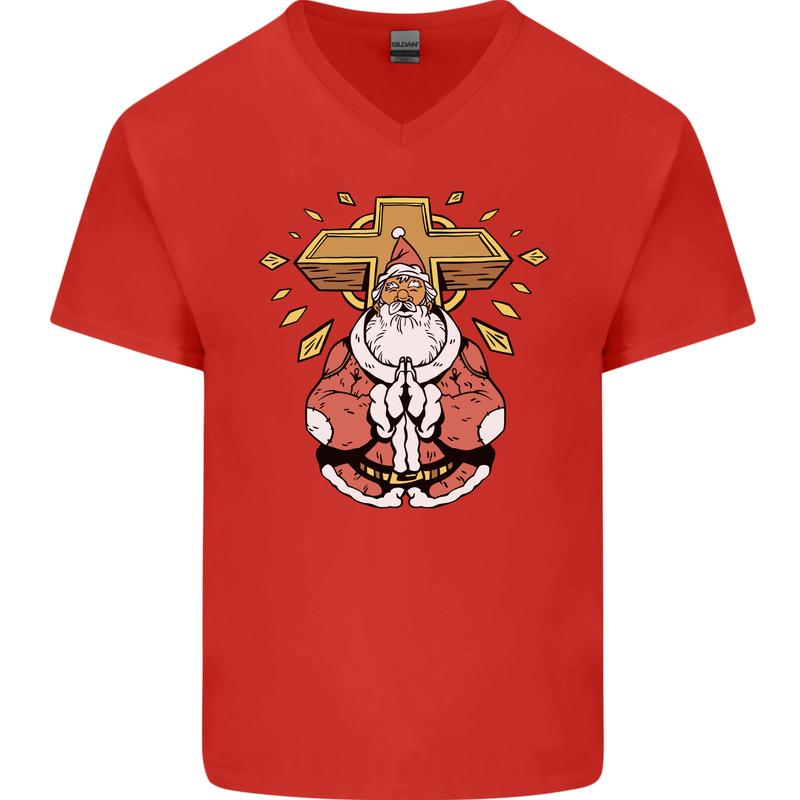 Christmas Praying Santa Christian Christianity God Mens V-Neck Cotton T-Shirt Red