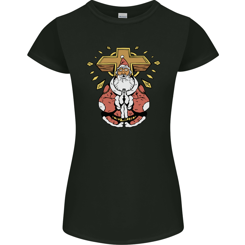 Christmas Praying Santa Christian Christianity God Womens Petite Cut T-Shirt Black