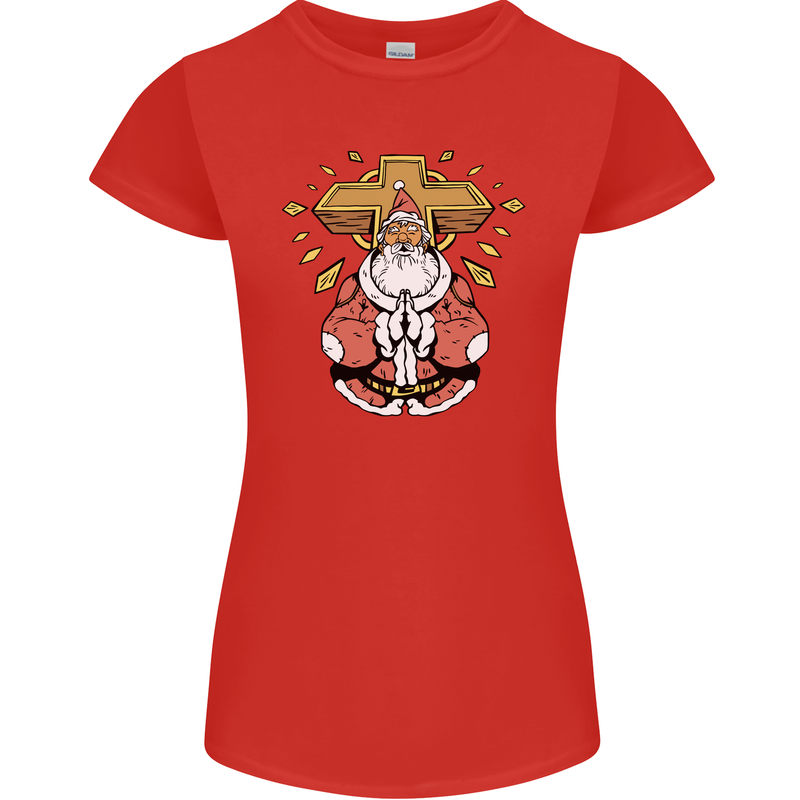 Christmas Praying Santa Christian Christianity God Womens Petite Cut T-Shirt Red
