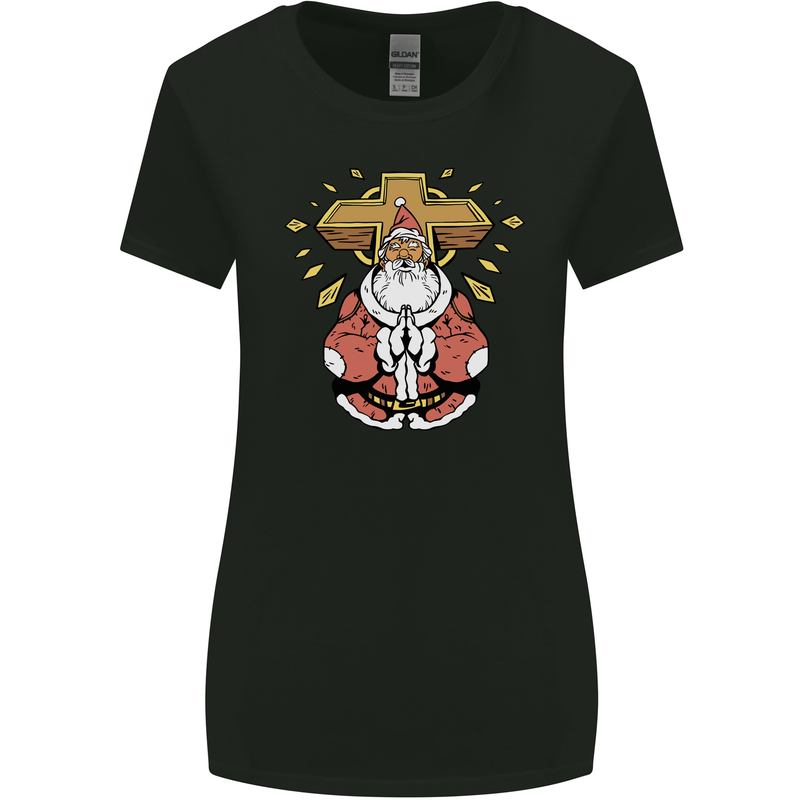 Christmas Praying Santa Christian Christianity God Womens Wider Cut T-Shirt Black