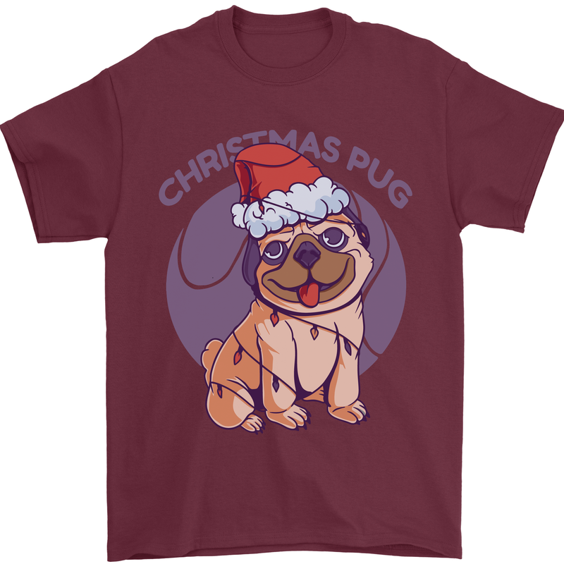 Christmas Pug Dog Xmas Mens T-Shirt 100% Cotton Maroon