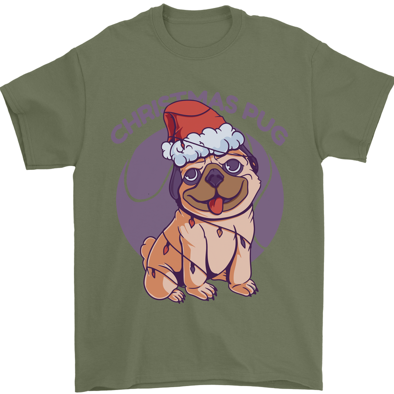 Christmas Pug Dog Xmas Mens T-Shirt 100% Cotton Military Green