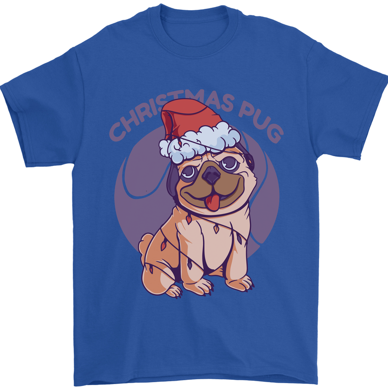 Christmas Pug Dog Xmas Mens T-Shirt 100% Cotton Royal Blue