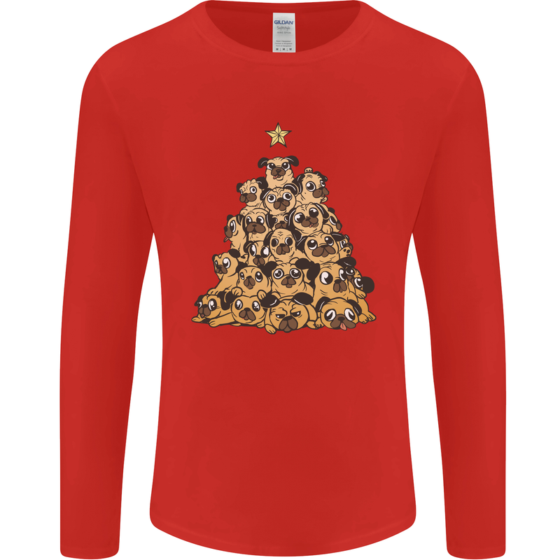Christmas Pug Funny Dog Xmas Tree Mens Long Sleeve T-Shirt Red