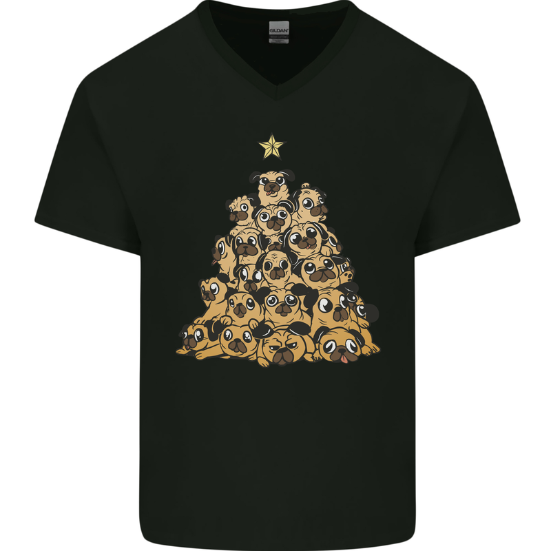 Christmas Pug Funny Dog Xmas Tree Mens V-Neck Cotton T-Shirt Black