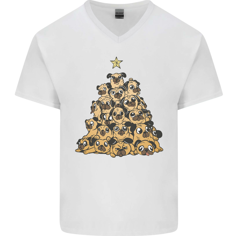 Christmas Pug Funny Dog Xmas Tree Mens V-Neck Cotton T-Shirt White