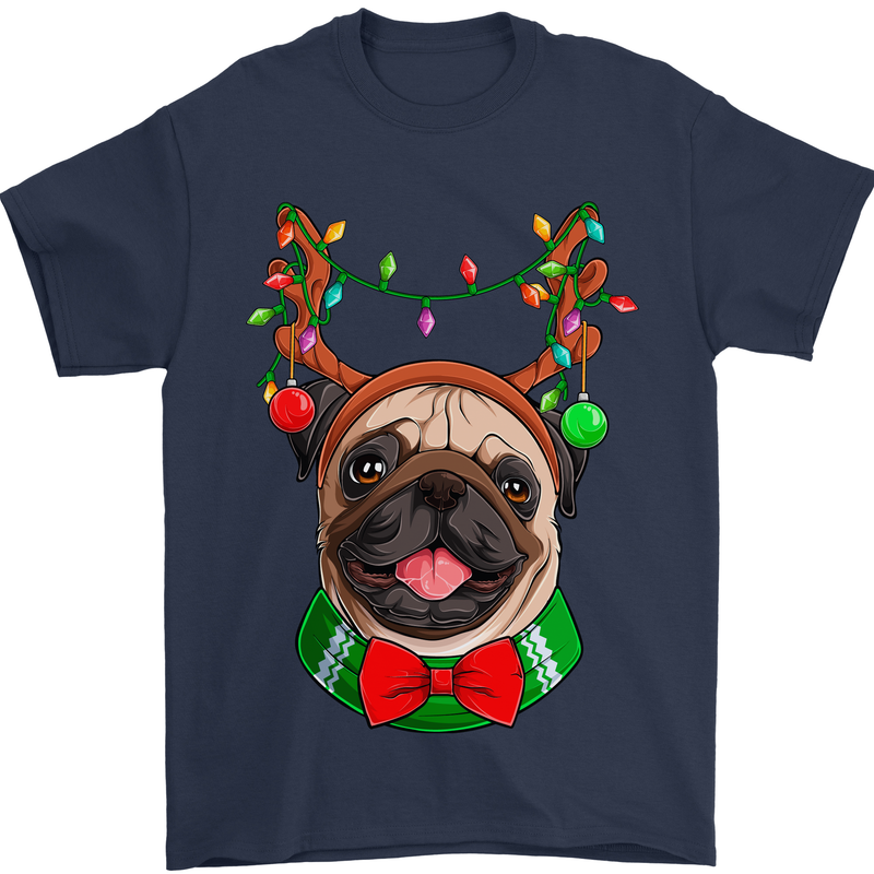 Christmas Pug Xmas Dog Mens T-Shirt 100% Cotton Navy Blue
