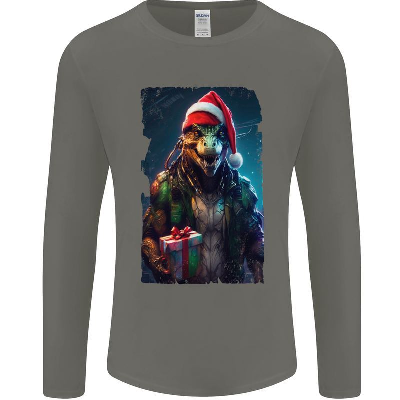 Christmas Reptile Dinosaur T-Rex Xmas Mens Long Sleeve T-Shirt Charcoal