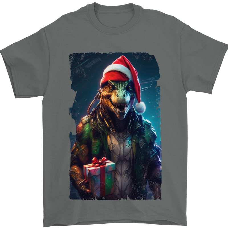 Christmas Reptile Dinosaur T-Rex Xmas Mens T-Shirt 100% Cotton Charcoal
