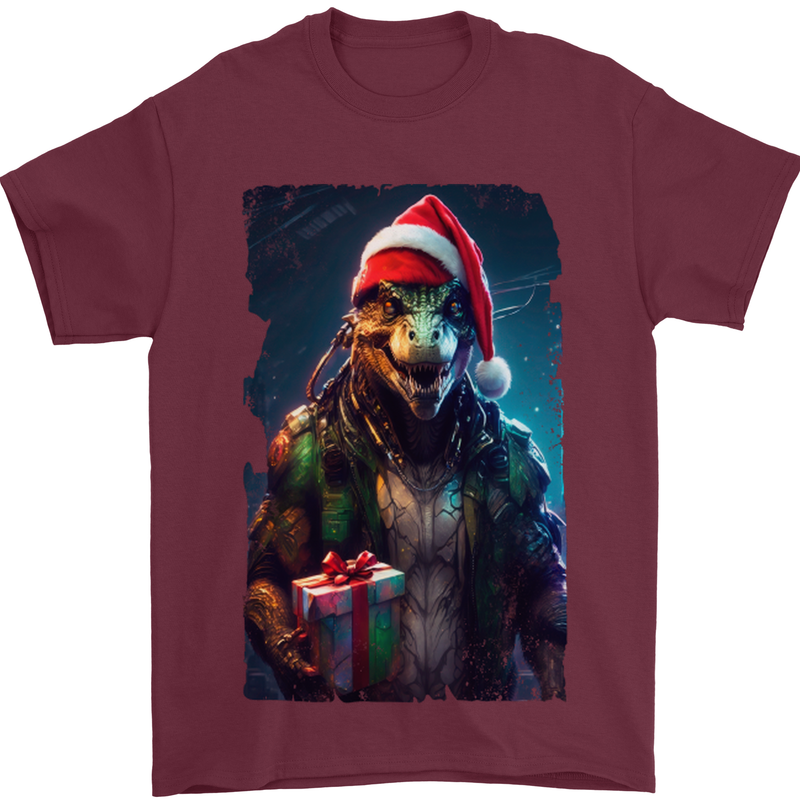 Christmas Reptile Dinosaur T-Rex Xmas Mens T-Shirt 100% Cotton Maroon