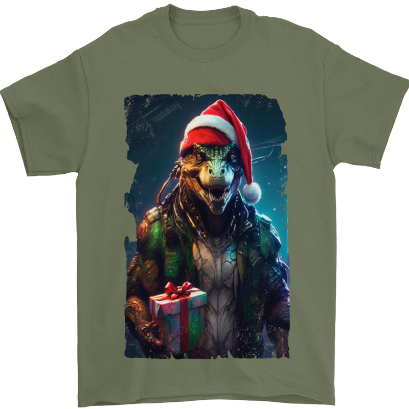 Christmas Reptile Dinosaur T-Rex Xmas Mens T-Shirt 100% Cotton Military Green
