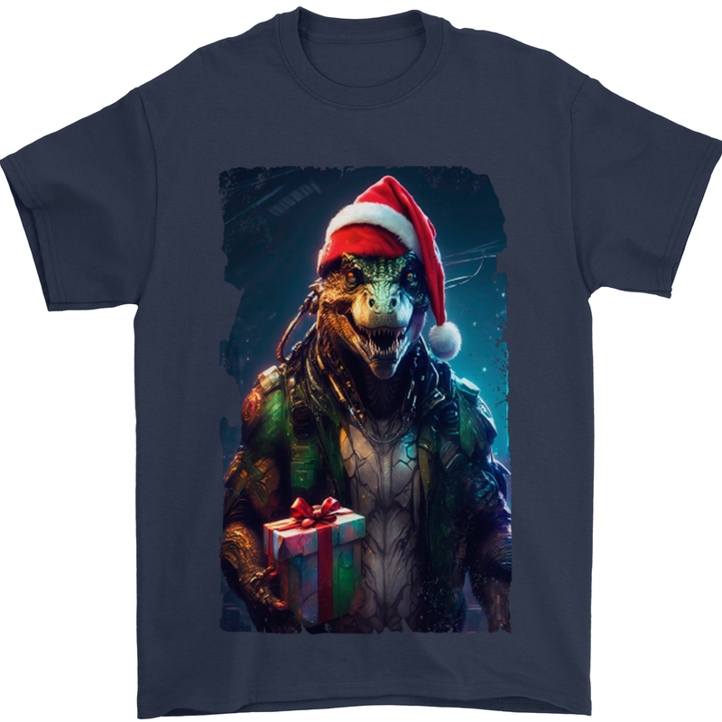 Christmas Reptile Dinosaur T-Rex Xmas Mens T-Shirt 100% Cotton Navy Blue