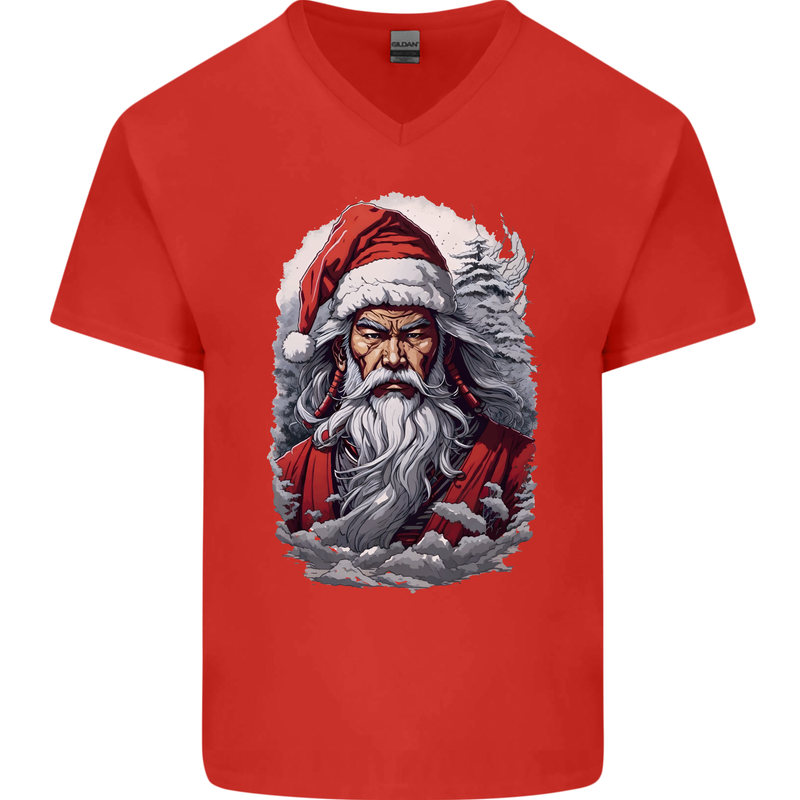 Christmas Samurai Shogun MMA Warrior Mens V-Neck Cotton T-Shirt Red