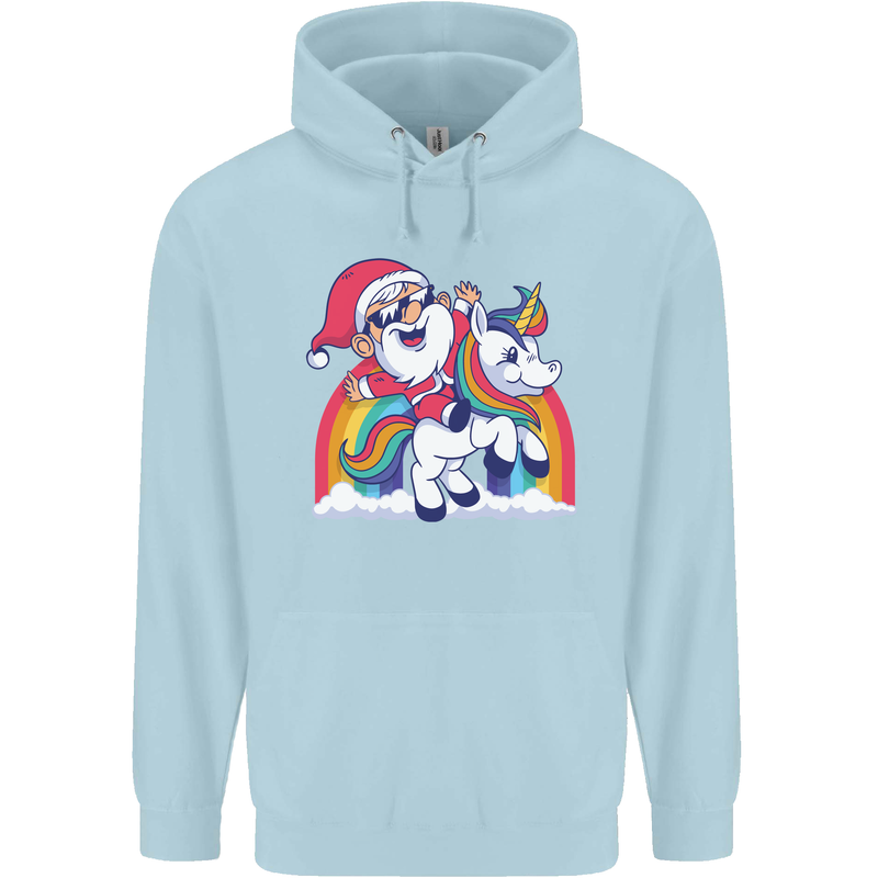 Christmas Santa Claus On a Unicorn Xmas Childrens Kids Hoodie Light Blue