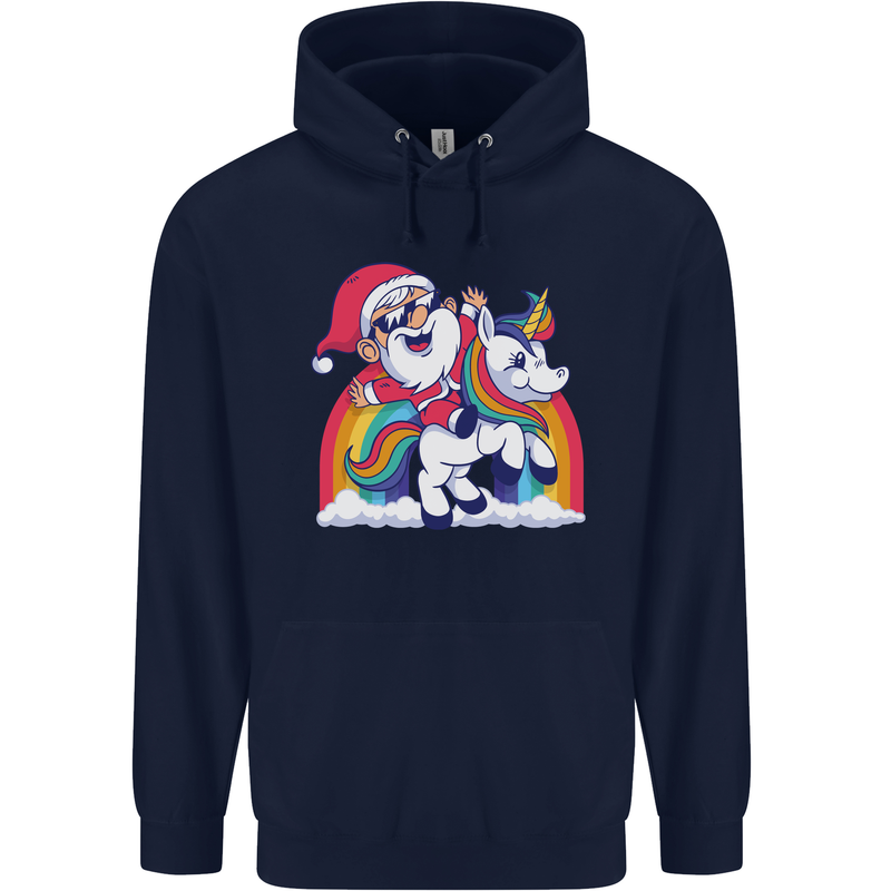 Christmas Santa Claus On a Unicorn Xmas Childrens Kids Hoodie Navy Blue