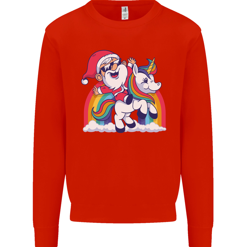 Christmas Santa Claus On a Unicorn Xmas Kids Sweatshirt Jumper Bright Red