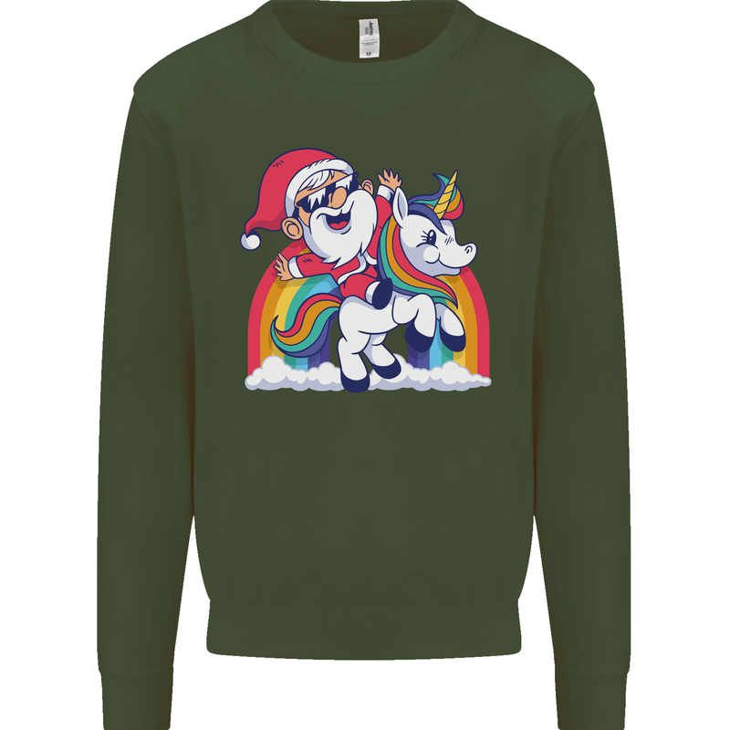 Christmas Santa Claus On a Unicorn Xmas Kids Sweatshirt Jumper Forest Green