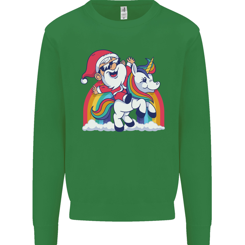 Christmas Santa Claus On a Unicorn Xmas Kids Sweatshirt Jumper Irish Green