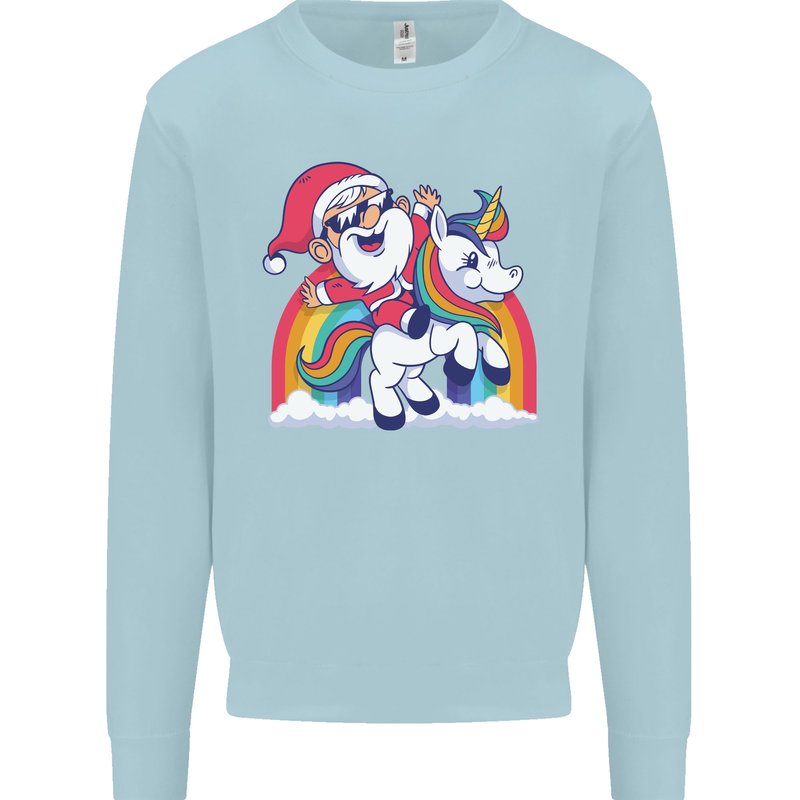 Christmas Santa Claus On a Unicorn Xmas Kids Sweatshirt Jumper Light Blue