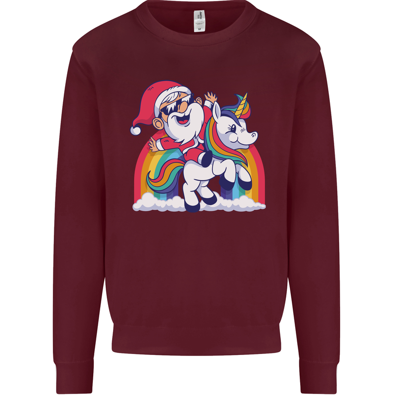 Christmas Santa Claus On a Unicorn Xmas Kids Sweatshirt Jumper Maroon