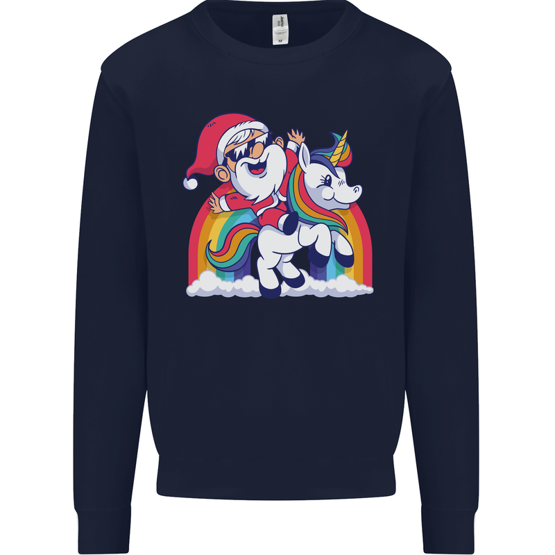 Christmas Santa Claus On a Unicorn Xmas Kids Sweatshirt Jumper Navy Blue