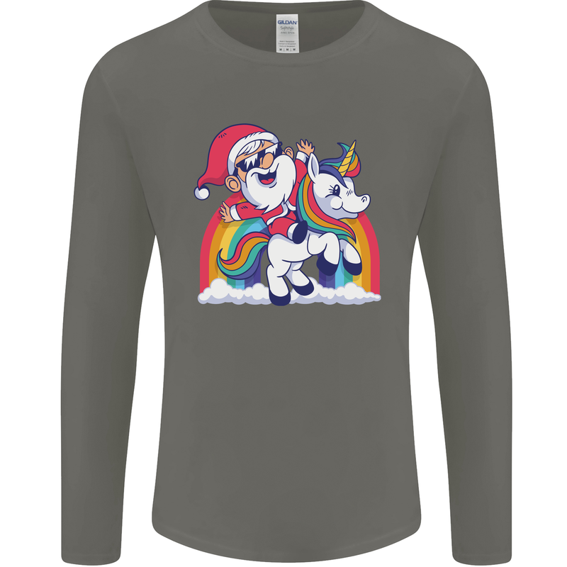 Christmas Santa Claus On a Unicorn Xmas Mens Long Sleeve T-Shirt Charcoal
