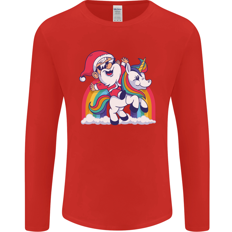 Christmas Santa Claus On a Unicorn Xmas Mens Long Sleeve T-Shirt Red