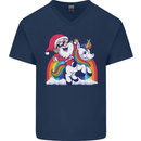 Christmas Santa Claus On a Unicorn Xmas Mens V-Neck Cotton T-Shirt Navy Blue