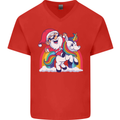 Christmas Santa Claus On a Unicorn Xmas Mens V-Neck Cotton T-Shirt Red