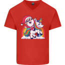 Christmas Santa Claus On a Unicorn Xmas Mens V-Neck Cotton T-Shirt Red