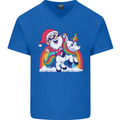 Christmas Santa Claus On a Unicorn Xmas Mens V-Neck Cotton T-Shirt Royal Blue