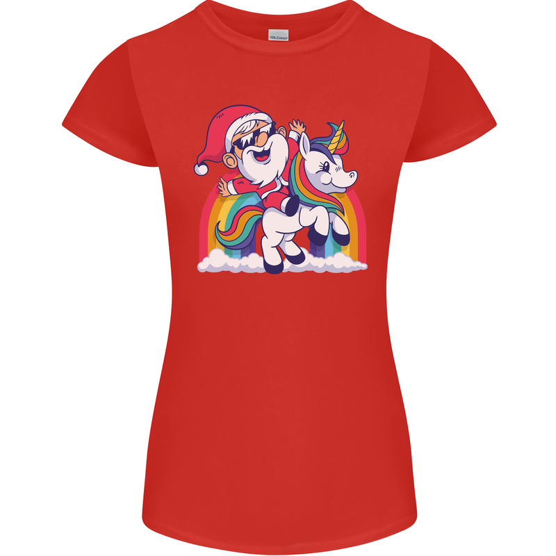 Christmas Santa Claus On a Unicorn Xmas Womens Petite Cut T-Shirt Red