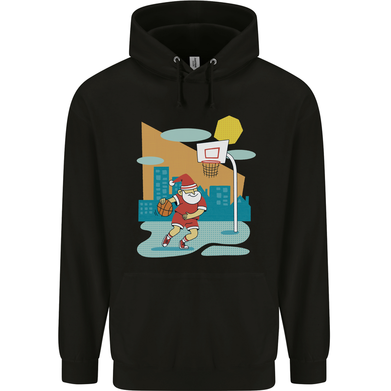 Christmas Santa Playing Basketball Xmas Childrens Kids Hoodie Black
