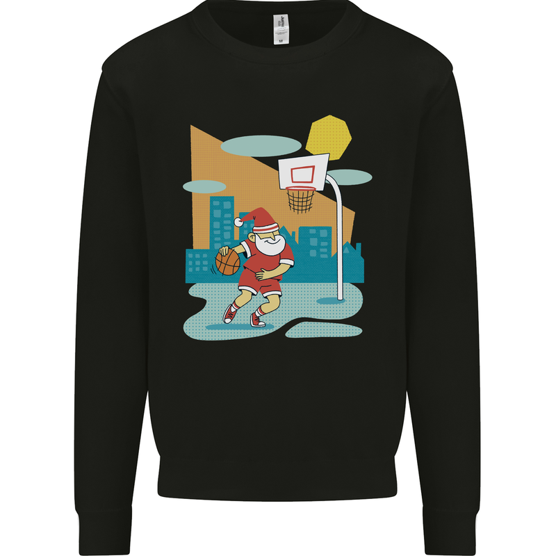 Christmas Santa Playing Basketball Xmas Kids Sweatshirt Jumper Black