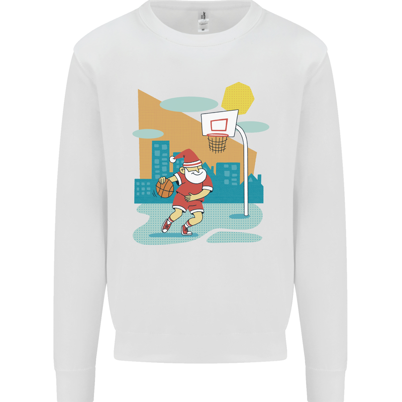 Christmas Santa Playing Basketball Xmas Kids Sweatshirt Jumper White