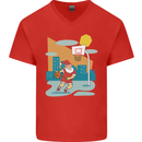 Christmas Santa Playing Basketball Xmas Mens V-Neck Cotton T-Shirt Red