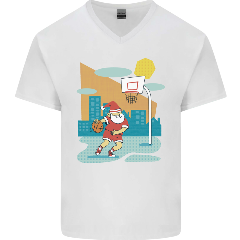 Christmas Santa Playing Basketball Xmas Mens V-Neck Cotton T-Shirt White