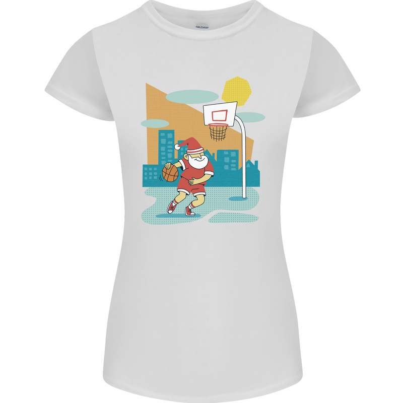 Christmas Santa Playing Basketball Xmas Womens Petite Cut T-Shirt White